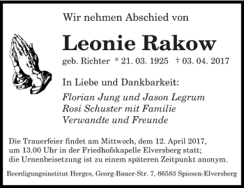Todesanzeige von Leonie Rakow von saarbruecker_zeitung