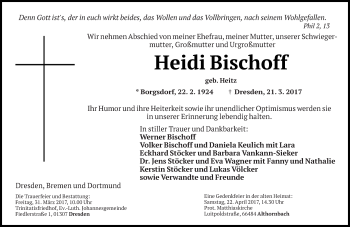 Todesanzeige von Heidi Bischoff von saarbruecker_zeitung