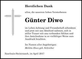 Todesanzeige von Günter Diwo von saarbruecker_zeitung