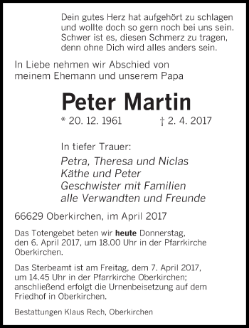 Todesanzeige von Peter Martin von saarbruecker_zeitung