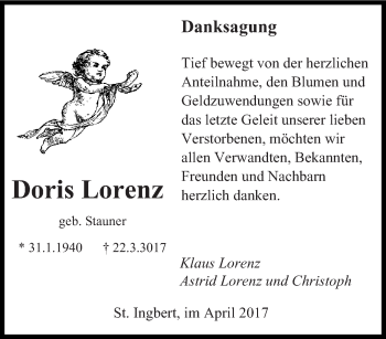 Todesanzeige von Doris Lorenz von saarbruecker_zeitung