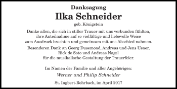 Todesanzeige von Ilka Schneider von saarbruecker_zeitung