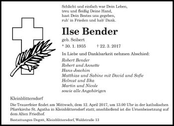 Todesanzeige von Ilse Bender von saarbruecker_zeitung
