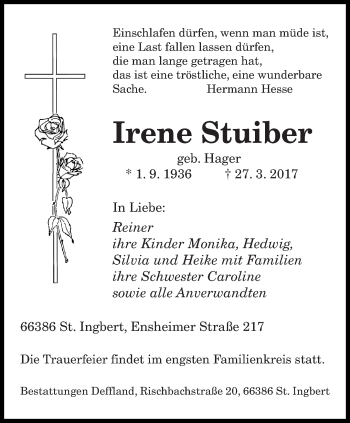 Todesanzeige von Irene Stuiber von saarbruecker_zeitung