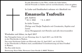 Todesanzeige von Emanuela Tsafoulis von saarbruecker_zeitung