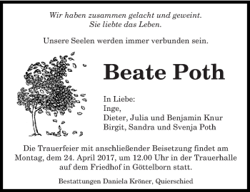 Todesanzeige von Beate Poth von saarbruecker_zeitung