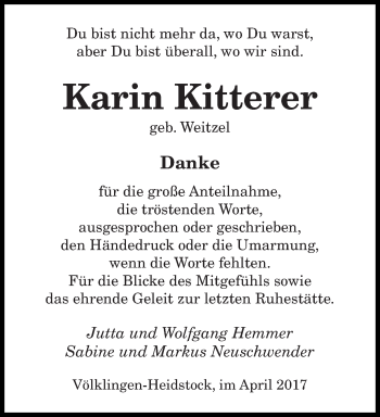 Todesanzeige von Karin Kitterer von saarbruecker_zeitung