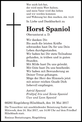 Todesanzeige von Horst Spaniol von saarbruecker_zeitung