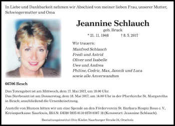 Todesanzeige von Jeannine Schlauch von saarbruecker_zeitung