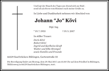 Todesanzeige von Johann Kövi von saarbruecker_zeitung