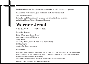 Todesanzeige von Werner Jenal von saarbruecker_zeitung