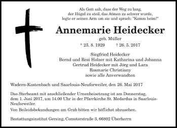 Todesanzeige von Annemarie Heidecker von saarbruecker_zeitung