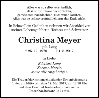 Todesanzeige von Christina Meyer von saarbruecker_zeitung