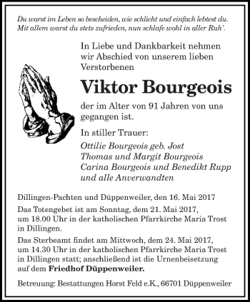 Todesanzeige von Viktor Bourgeois von saarbruecker_zeitung