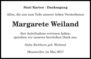 Todesanzeige von Margarete Weiland von saarbruecker_zeitung
