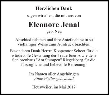 Todesanzeige von Eleonore Jenal von saarbruecker_zeitung