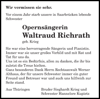 Todesanzeige von Waltraud Richrath von saarbruecker_zeitung