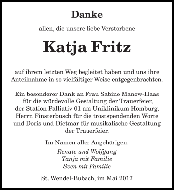 Todesanzeige von Katja Fritz von saarbruecker_zeitung