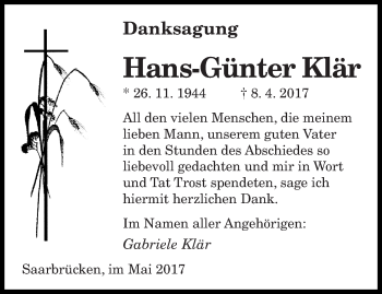 Todesanzeige von Hans-Günter Klär von saarbruecker_zeitung