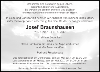 Todesanzeige von Josef Braunshausen von saarbruecker_zeitung