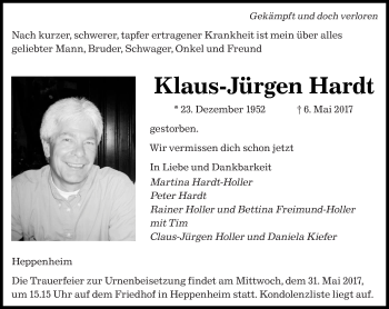 Todesanzeige von Klaus-Jürgen Hardt von saarbruecker_zeitung