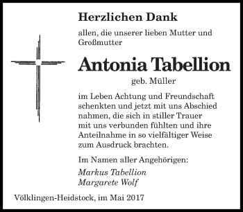 Todesanzeige von Antonia Tabellion von saarbruecker_zeitung