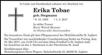 Todesanzeige von Erika Tobae von saarbruecker_zeitung