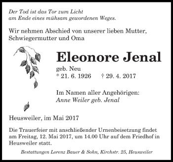 Todesanzeige von Eleonore Jenal von saarbruecker_zeitung