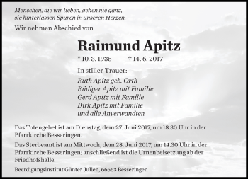 Todesanzeige von Raimund Apitz von saarbruecker_zeitung