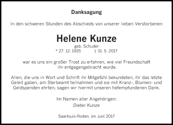Todesanzeige von Helene Kunze von saarbruecker_zeitung