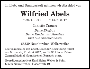 Todesanzeige von Wilfried Abels von saarbruecker_zeitung