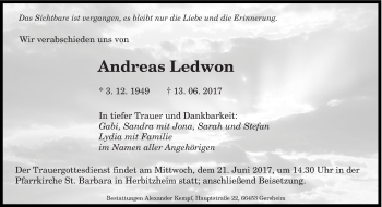 Todesanzeige von Andreas Ledwon von saarbruecker_zeitung