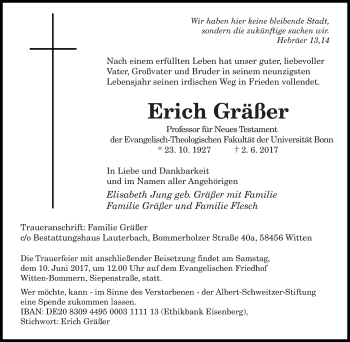 Todesanzeige von Erich Gräßer von saarbruecker_zeitung