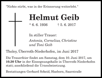 Todesanzeige von Helmut Geib von saarbruecker_zeitung