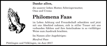 Todesanzeige von Philomena Faas von saarbruecker_zeitung