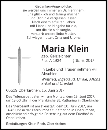 Todesanzeige von Maria Klein von saarbruecker_zeitung