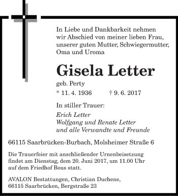 Todesanzeige von Gisela Letter von saarbruecker_zeitung