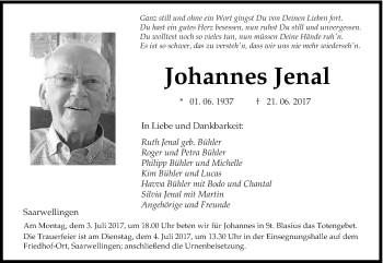 Todesanzeige von Johannes Jenal von saarbruecker_zeitung