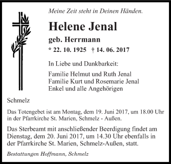 Todesanzeige von Helene Jenal von saarbruecker_zeitung