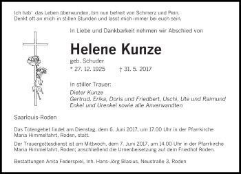 Todesanzeige von Helene Kunze von saarbruecker_zeitung