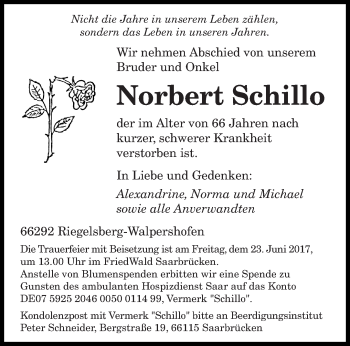 Todesanzeige von Norbert Schillo von saarbruecker_zeitung