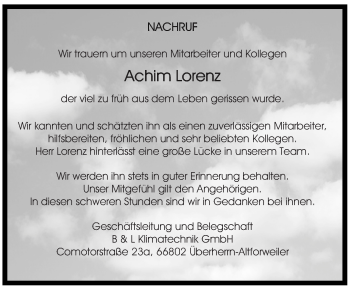 Todesanzeige von Achim Lorenz von saarbruecker_zeitung