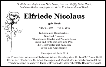 Todesanzeige von Elfriede Nicolaus von saarbruecker_zeitung