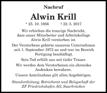 Todesanzeige von Alwin Krill von saarbruecker_zeitung