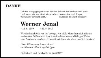 Todesanzeige von Werner Jenal von saarbruecker_zeitung