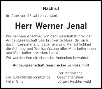 Todesanzeige von Werner Jenal von saarbruecker_zeitung