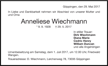 Todesanzeige von Anneliese Wiechmann von saarbruecker_zeitung