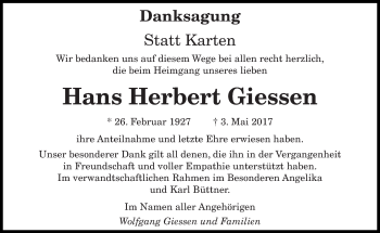 Todesanzeige von Hans Herbert Giessen von saarbruecker_zeitung