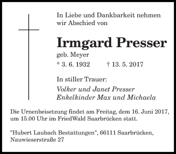 Todesanzeige von Irmgard Presser von saarbruecker_zeitung