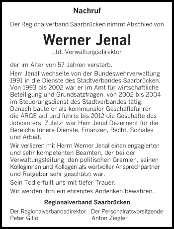 Todesanzeige von Werner Jenal von saarbruecker_zeitung